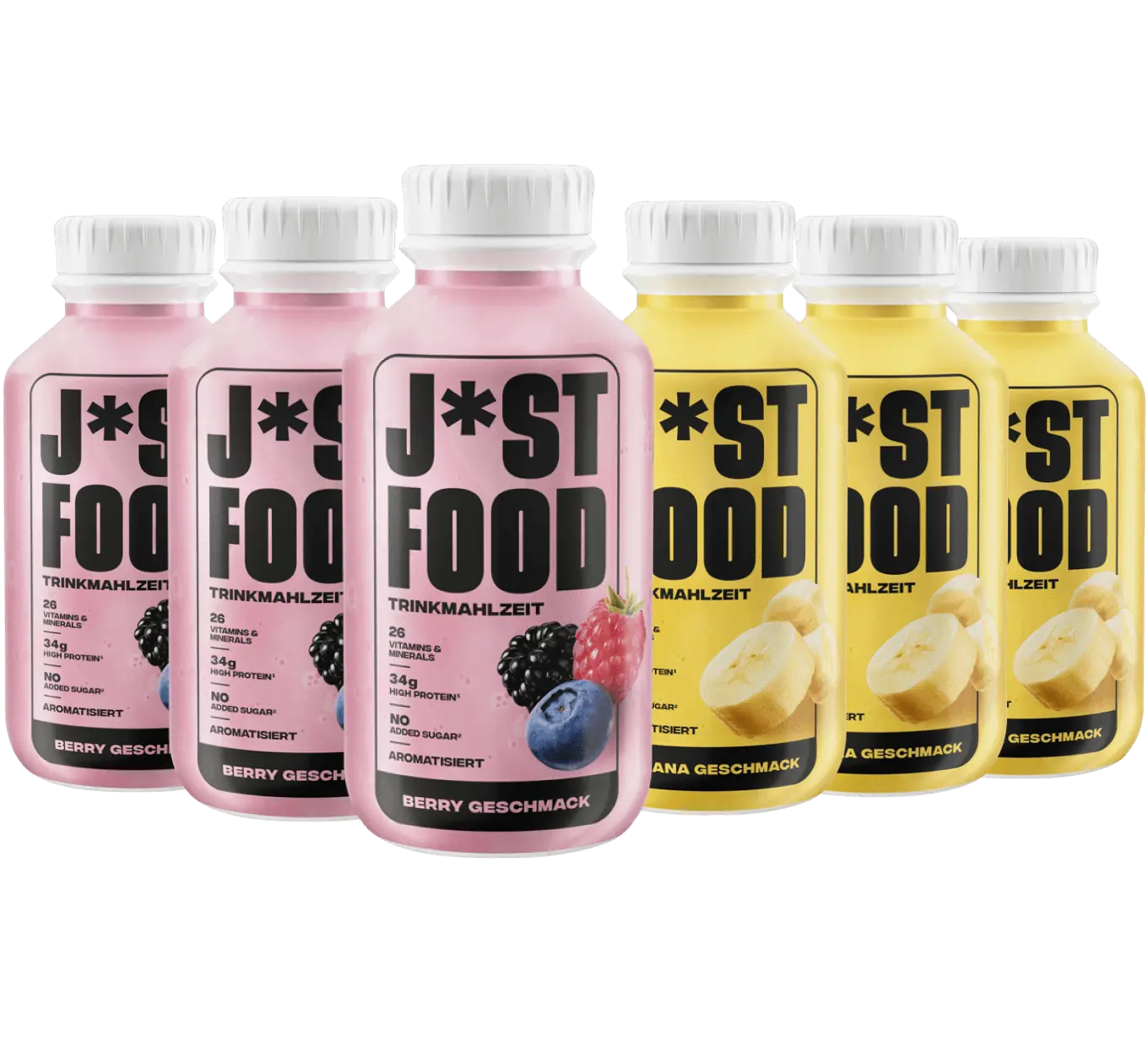 Sechs Flaschen J*ST FOOD in zwei Geschmacksrichtungen, Berry und Banana, stehen nebeneinander; die Flaschen zeigen jeweilige Fruchtbilder und Nährwertangaben.