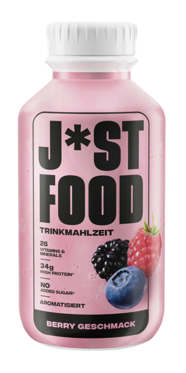     
  Eine rosa Getränkeflasche zeigt das Etikett "J*ST FOOD TRINKMAHLZEIT" mit Beerenabbildungen, enthält 26 Vitamine, 34g Protein, kein Zuckerzusatz, aroma- und beerenhaltig, mit der Aufschrift "BERRY GESCHMACK".
