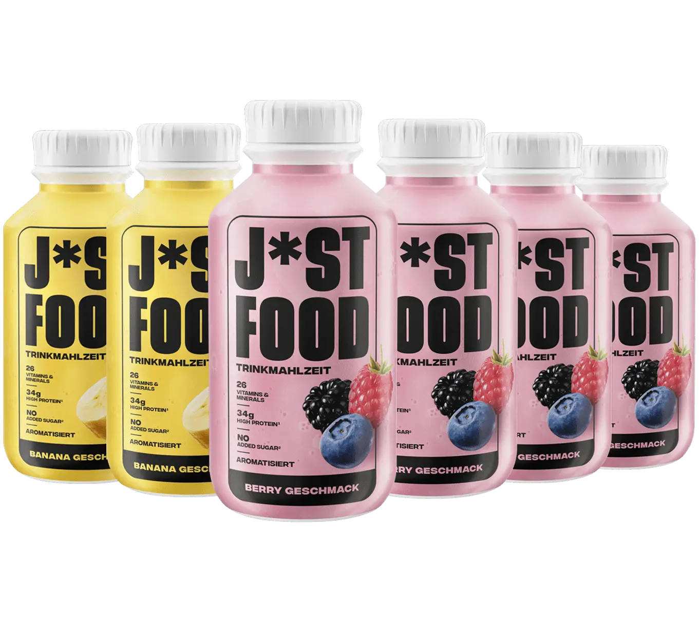     
  Sechs Flaschen J*ST FOOD in zwei Geschmacksrichtungen, Berry und Banana, stehen nebeneinander; die Flaschen zeigen jeweilige Fruchtbilder und Nährwertangaben.
